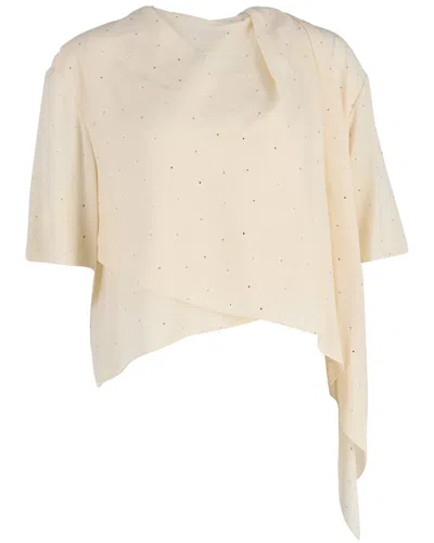 Celine Rhinestone Embellished Asymmetric Draped Top In Neutral