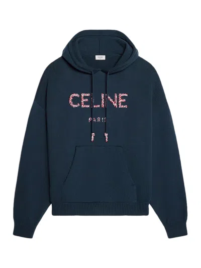 Celine Ribbed Cotton Hoodie In Blue