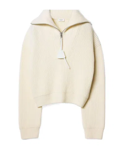 Celine Ribbed-knit Sweater With A Zip Collar In White