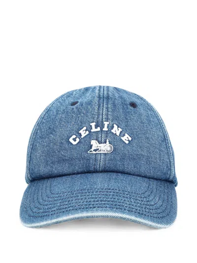 Celine Richelieu Embroidered Denim Baseball Cap In Blue