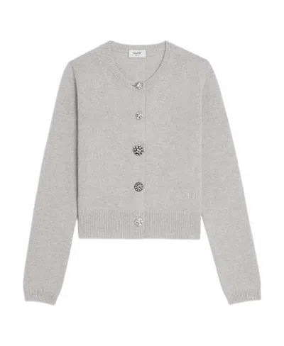 Celine Round Neck Cashmere Knitted Cardigan In Gray
