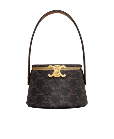 Celine Round Triomphe Minaudière In Lambskin With Triomphe Canvas Print And Calfskin In Tan