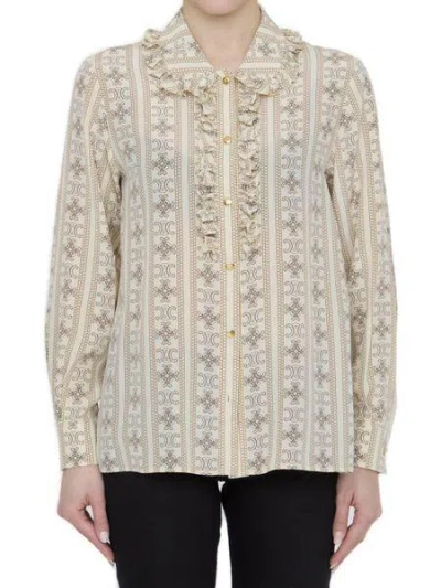 Celine Ruched Triomphe Silk Shirt In Ivory
