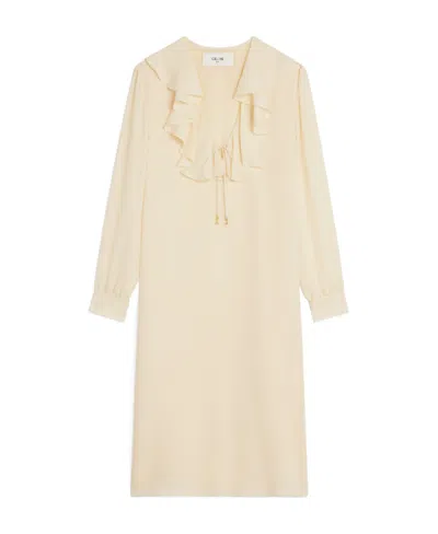 Celine Jabot Dress In Lightweight Silk Sablé In White