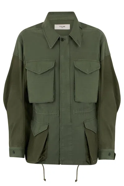Celine Satin Cotton Parka Jacket In Green
