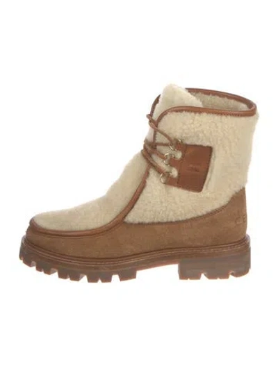 Pre-owned Celine Shearling Colorblock Pattern Lace-up Boots In Brown