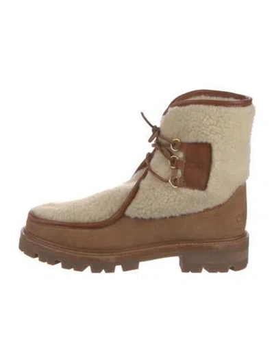Pre-owned Celine Shearling Colorblock Pattern Rain Boots In Brown