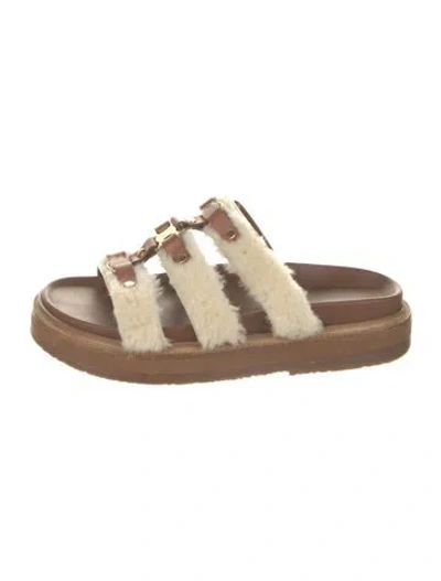 Pre-owned Celine Shearling Colorblock Pattern Slides In Brown