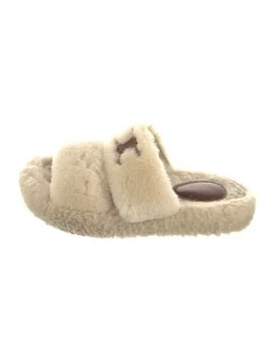 Pre-owned Celine Shearling Leather Trim Embellishment Slides In Neutrals