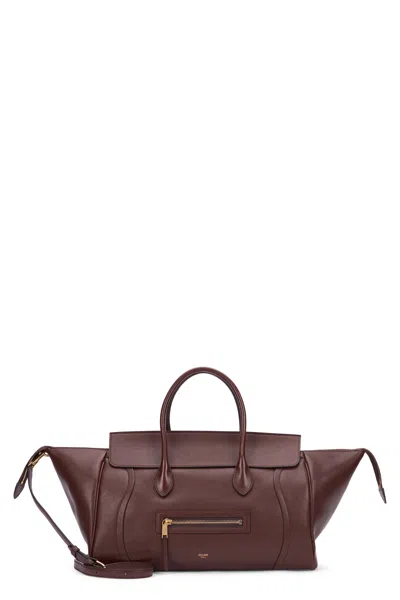 Celine Shiny Lambskin Leather Handbag With Shoulder Strap, 22 Cm X 36 Cm X 16 Cm In Brown