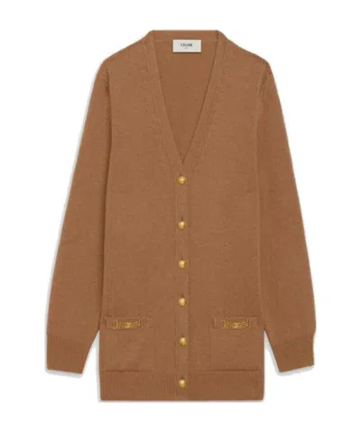 Celine Signature Long Cardigan In Iconic Cashmere In Brown