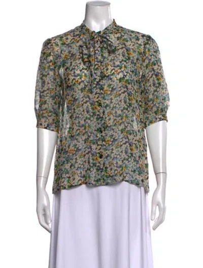 Pre-owned Celine Silk Floral Print Blouse In Blue