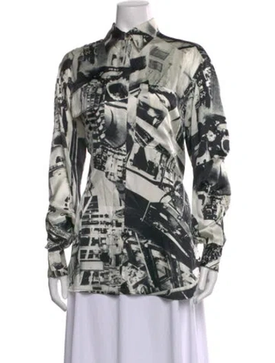 Pre-owned Celine Silk Graphic Print Button-up Top In Black
