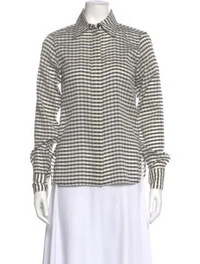 Pre-owned Celine Silk Plaid Print Blouse In White