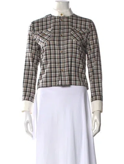 Pre-owned Celine Silk Plaid Print Button-up Top In Brown