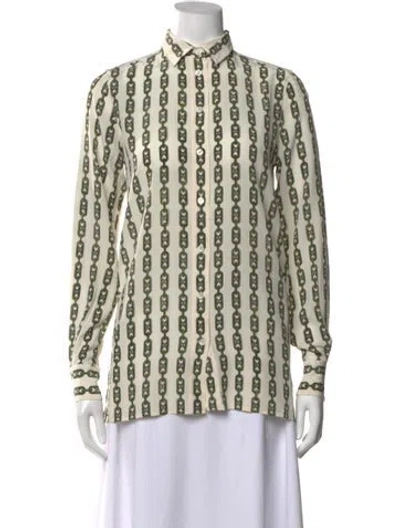 Pre-owned Celine Silk Printed Button-up Top In Green
