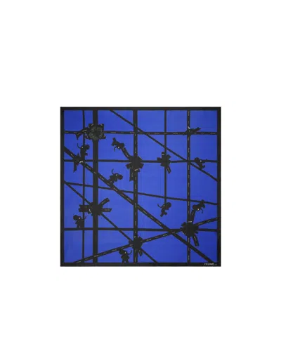 Celine Silk Scarf Featuring A Climbing Elephant Pattern In Blue