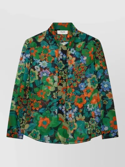 Celine Silk Shirt Collar Floral Pattern Lightweight In Multi