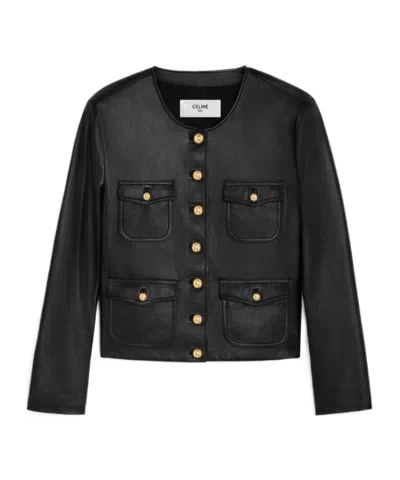 Celine Single-breasted Leather Jacket In Black