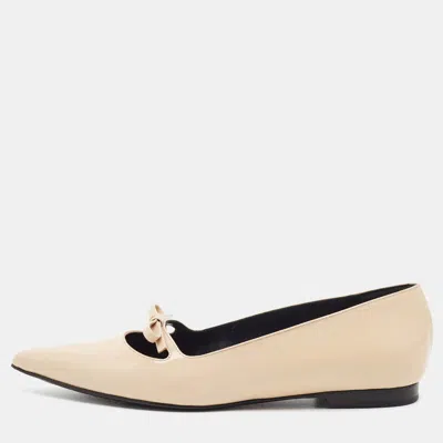 Pre-owned Celine Size 37 Beige Patent Leather Bow Pointed Toe Ballet Flats In Sand