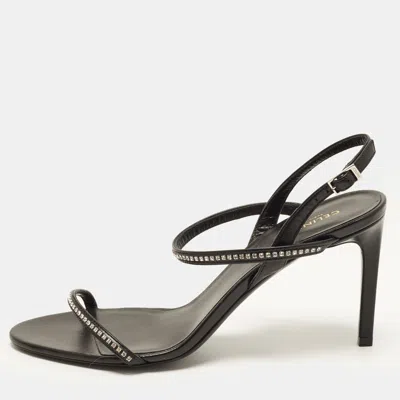 Pre-owned Celine Size 37 Black Leather Crystal Embellished Slingback Sandals