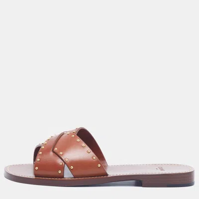 Pre-owned Celine Size 37 Brown Leather Studded Lerins Flat Slides