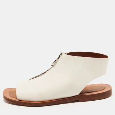 Pre-owned Celine Size 37 White Leather Zip Detail Flat Sandals