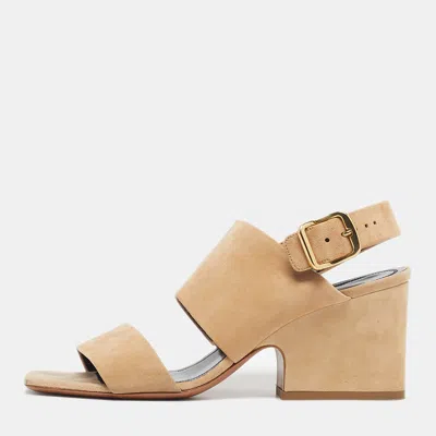 Pre-owned Celine Size 38 Beige Suede Block Heel Ankle Strap Sandals