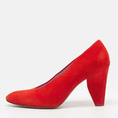 Pre-owned Celine Size 38 Red Suede Block Heel Round Toe Pumps