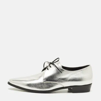 Pre-owned Celine Size 39 Metallic Silver Leather Lace Up Oxfords