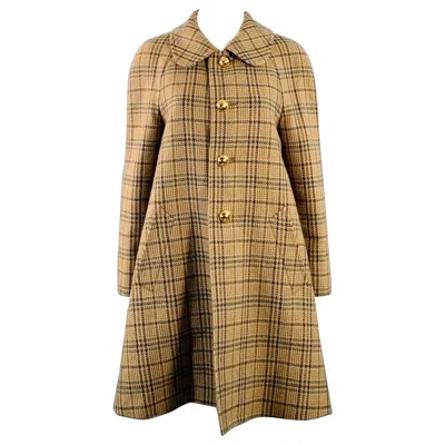 Pre-owned Celine Size 6 Khaki Brown Olive Wool Blend Plaid Raglan Sleeve Coat