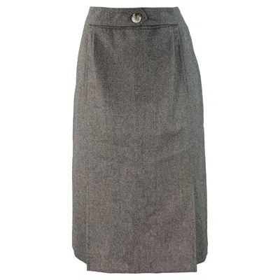 Pre-owned Celine Size 8 Grey Wool Heather Pleated Pencil Midi Skirt In Gray