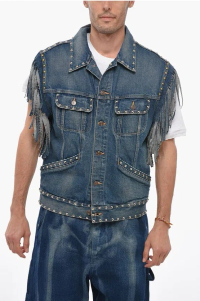 Celine Sleeveless Fringed Denim Jacket With Studs In Blue