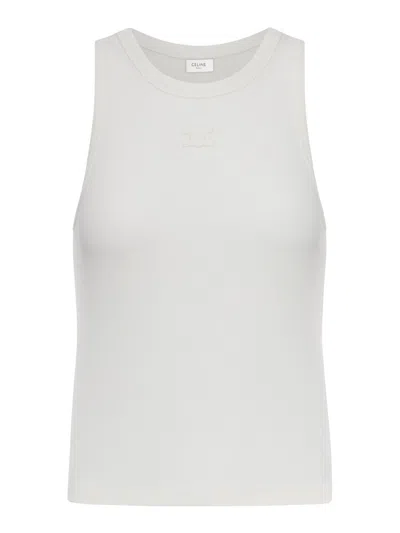 Celine Women Sleeveless Top In Ribbed Jersey With Triomphe Embroidery In White
