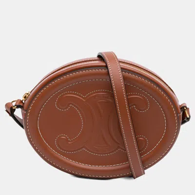 Pre-owned Celine Small Calfskin Cuir Triomphe Oval Crossbody In Brown