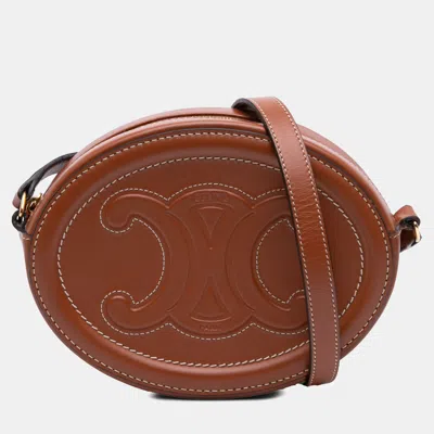 Pre-owned Celine Small Calfskin Cuir Triomphe Oval Crossbody In Brown