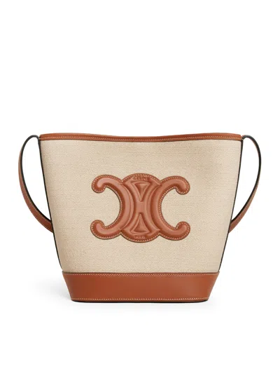 Celine Small Cuir Triomphe Bucket Bag In Fabric And Calf Leather In Nude & Neutrals