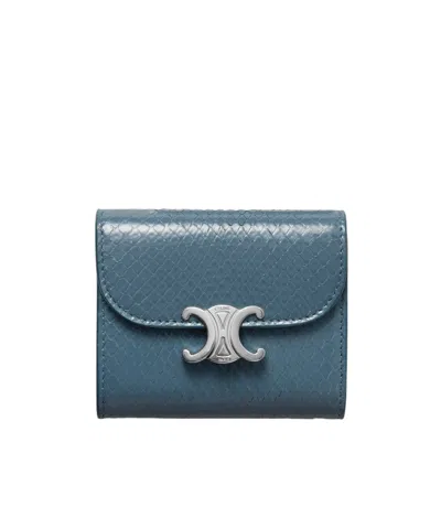 Celine Small Flap Wallet Triomphe In Shiny Calfskin In Blue