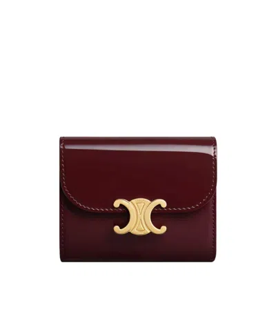 Celine Small Flap Wallet Triomphe In Patent Calfskin In Burgundy