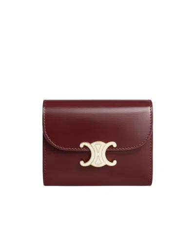 Celine Small Flap Wallet Triomphe In Shiny Calfskin And Enamel In Brown
