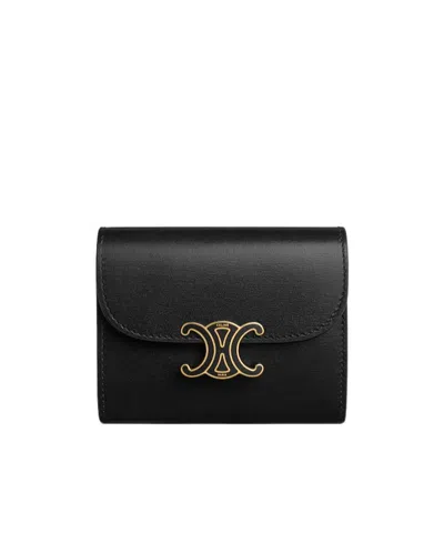 Celine Small Flap Wallet Triomphe In Shiny Calfskin And Enamel In Black