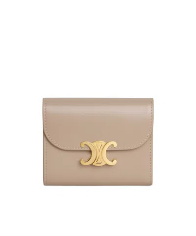 Celine Small Flap Wallet Triomphe In Shiny Calfskin In Brown