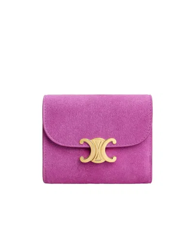 Celine Small Flap Wallet Triomphe In Suede Calfskin In Purple