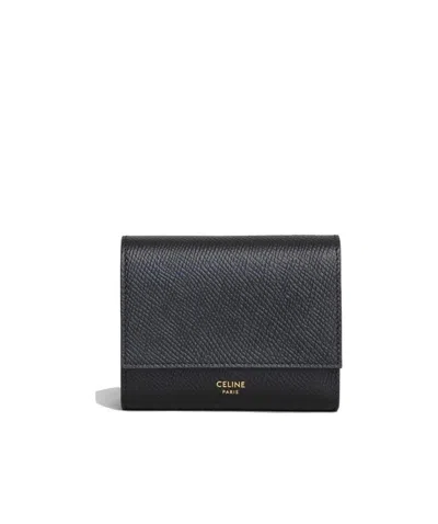 Celine Small Trifold Wallet In Grained Calfskin In Black
