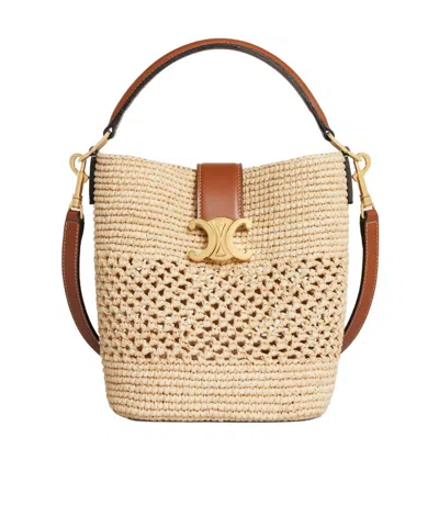 Celine Small Louise Bucket In Raffia And Calfskin In Natural/tan