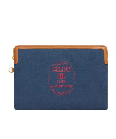 Celine Small Pouch With Strap Cuir Triomphe In Textile With Embroidery In Blue
