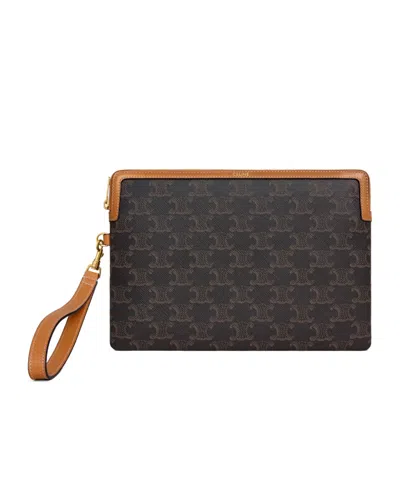 Celine Small Pouch With Strap Cuir Triomphe In Triomphe Canvas And Calfskin In Brown