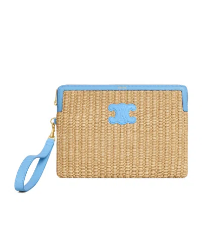 Celine Small Pouch With Strap In Raffia Effect Textile And Calfskin In Blue