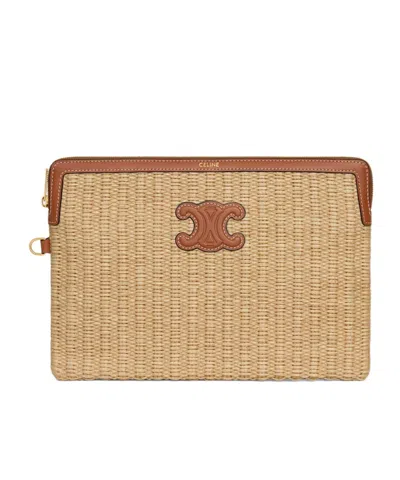 Celine Small Pouch With Strap In Raffia Effect Textile And Calfskin In Brown