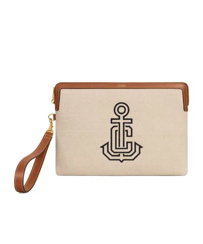 Celine Small Pouch With Strap In Textile With Anchor Embroidery And Calfskin In Natural/tan